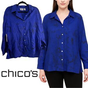 Chico's Vintage Royal Blue Silk Linen Blend Button-Down Shirt L